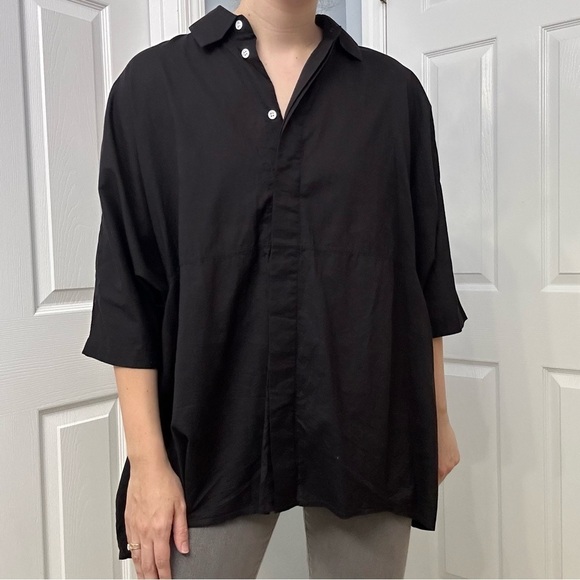 RHODE Shirt Button Down Black Cotton Oversized Lagenlook Size Extra Small - Picture 1 of 8
